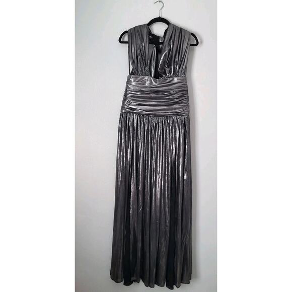 BRONX AND BANCO Metallic Dress Florence Halterneck Gown Cutout Gunmetal Gray 8 L - Picture 14 of 16